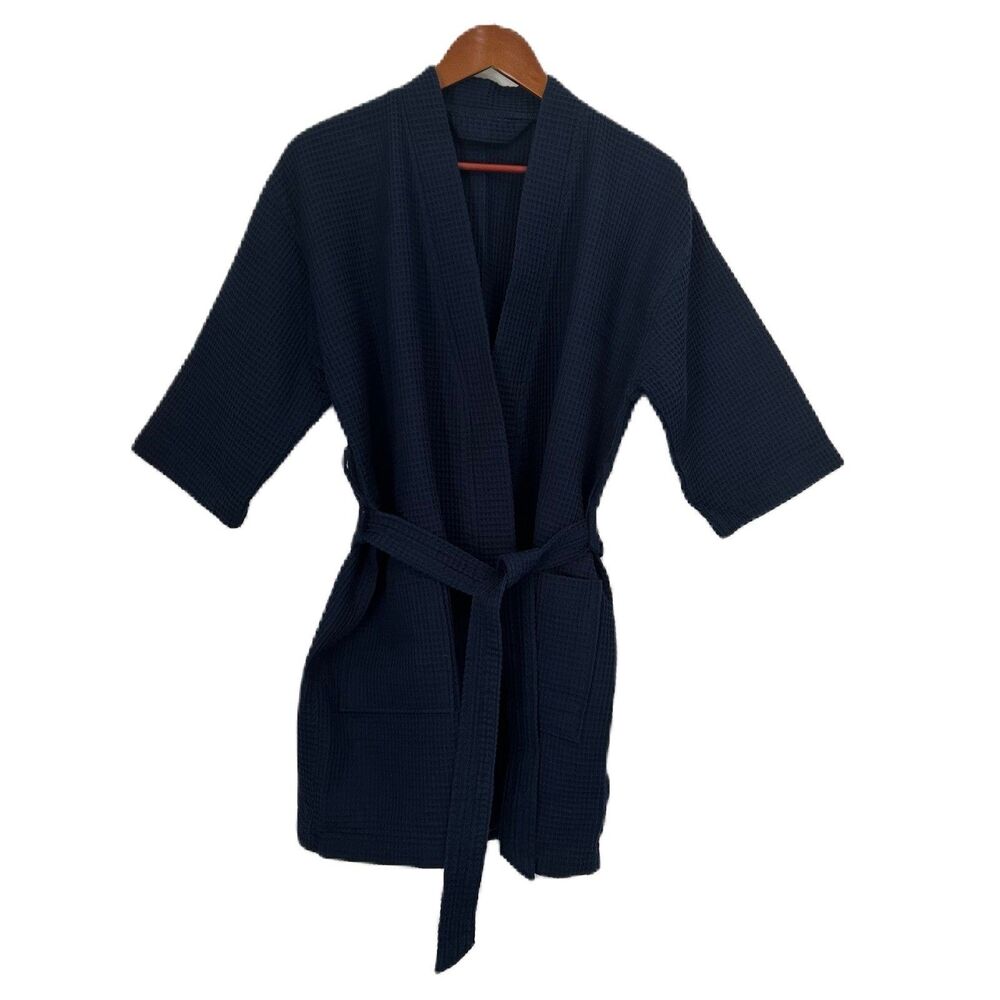 Turquaz Robe Women L Navy Waffle Knit Pockets Belted Short Comfy Preppy Spa Bath